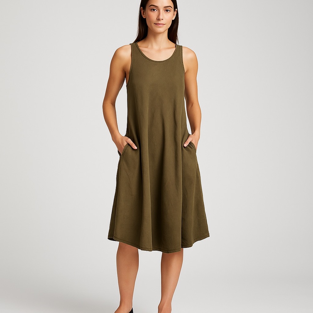 Standard James Perse Olive Green Linen Sleeveless Pocket‎ A-Line Dress Size 1 S